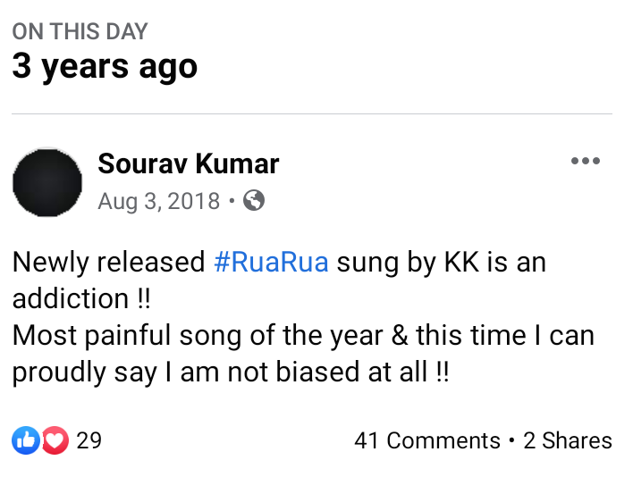 Sourav16_09's tweet photo. Facebook memories are special ❤️ 

Thank you @SanaOfficial02 for this beautiful song....

One of my most favorites by KK sir, since 2018 ! https://t.co/er6m8OyxCR