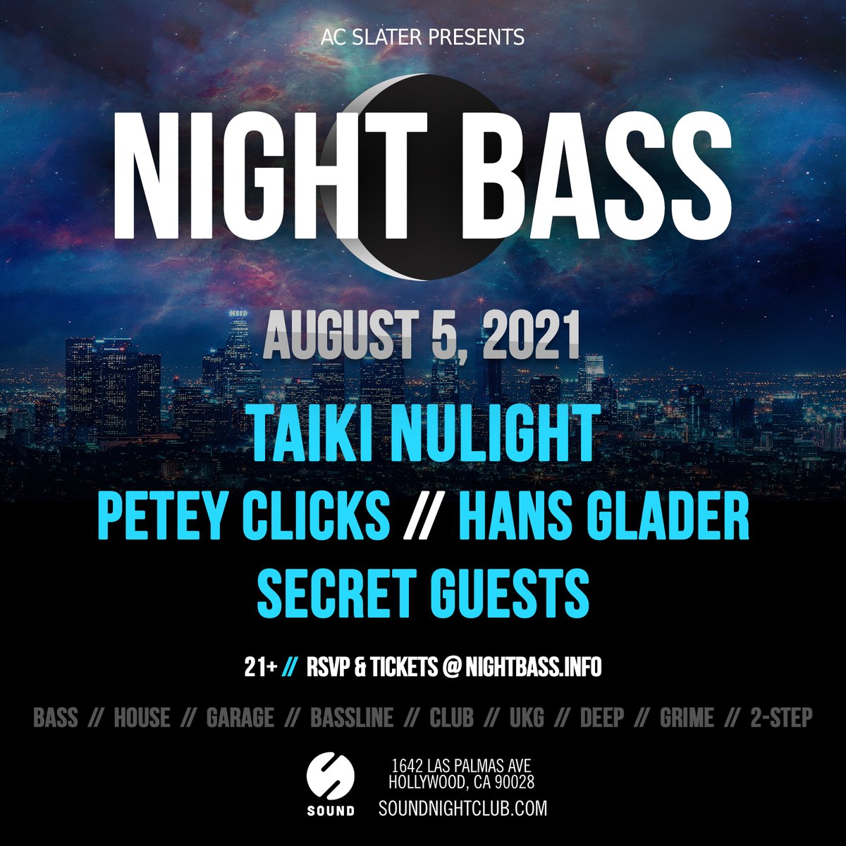First up on their Thursday takeovers for the month of August, Night Bass brings Taiki Nulight, Petey Clicks, Hans Glader and some secret guests you won't want to miss out on. Tickets available now on our website.