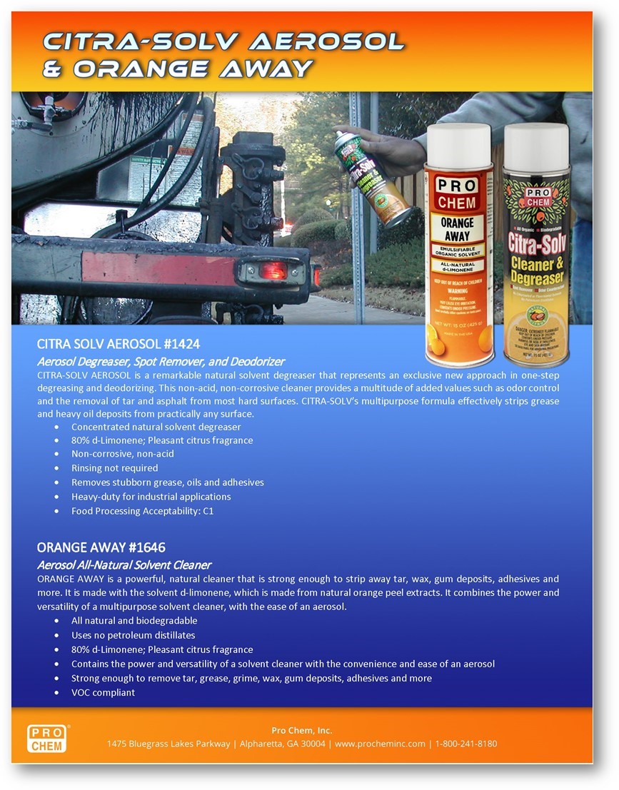 ProChemInc's tweet photo. Citra Solv Aerosol and Orange Away are remarkable natural solvents that will strip away tar, stubborn grease, remove adhesives and much more. Call 800-241-8180 or reach out to your local sales rep to order today.
Learn more: https://t.co/0UxKgqo0Gb
https://t.co/PuzdqEz9OJ https://t.co/V6dXHEdBqn