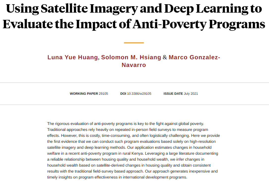 The first evaluation of an anti-poverty program using only satellite imagery and deep-learning, from Luna Yue Huang, Solomon M. Hsiang, and Marco Gonzalez-Navarro nber.org/papers/w29105