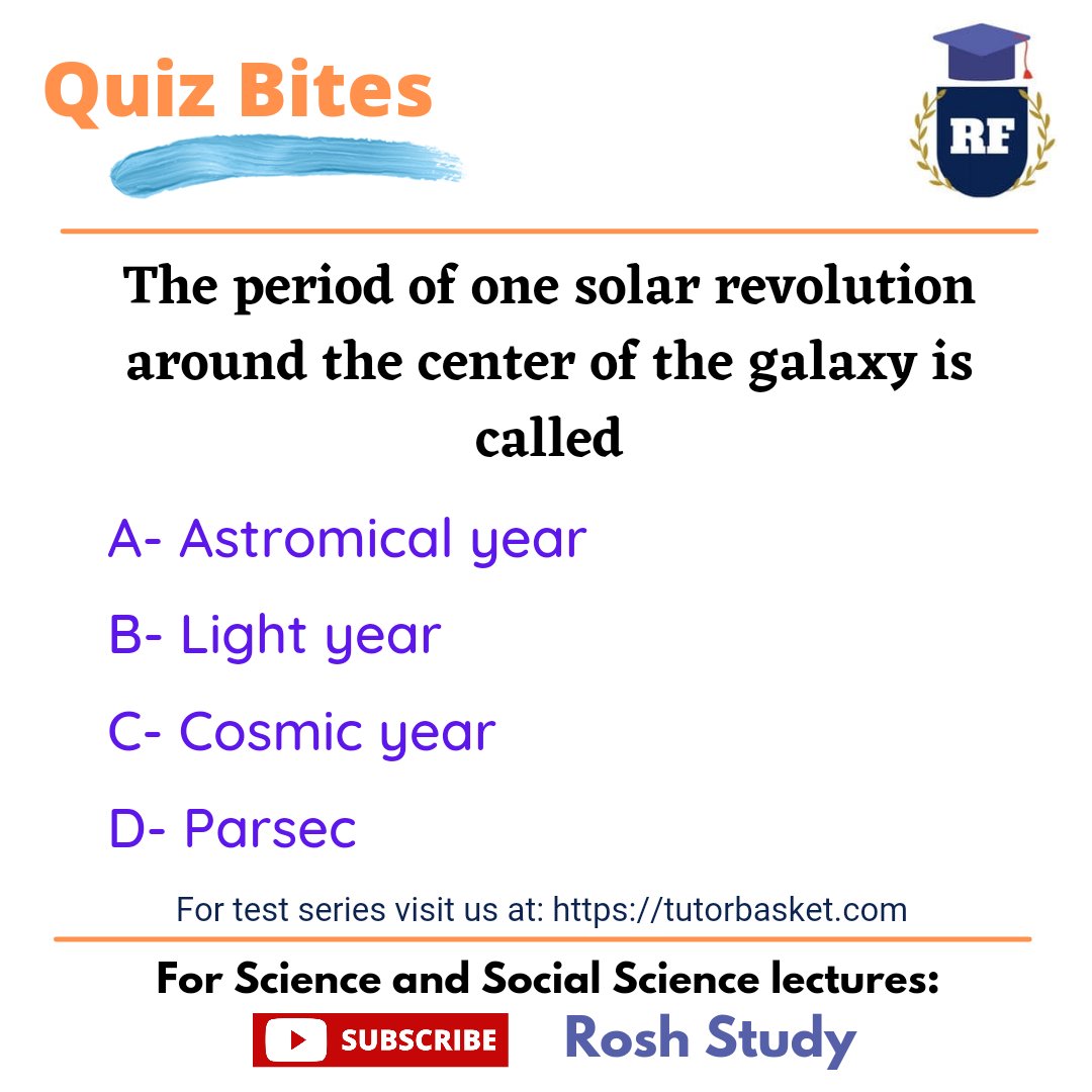 RoshStudy's tweet image. Quiz Bites: One solar revolution is called as
#solarsystem #parsec #cosmiccycles #spaceex #spaceexplorers #spaceexplorationday #spacesciences #spacequiz #questionoftheday #instaquiz #bhfyp
