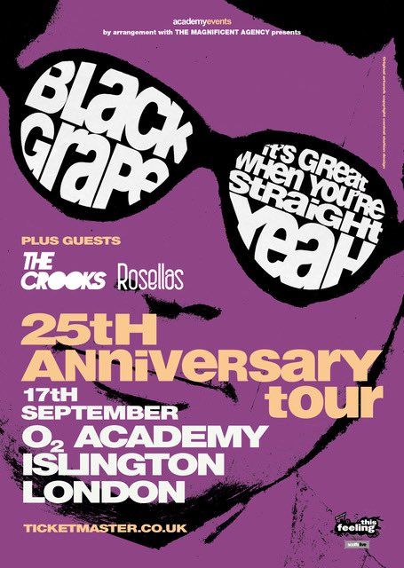 💥 BLACK GRAPE LONDON SHOW THIS SEPTEMBER 💥

#BlackGrape O2 Islington Academy 1 on Friday 17th September with @TheCrooksUK + @RosellasBand 🙌🏻

Tickets:  ticketmaster.co.uk/event/1F005A68…

#ShaunRyder #KermitLeveridge #TheCrooks #TheRosellas #London @This_Feeling @scottsmenswear