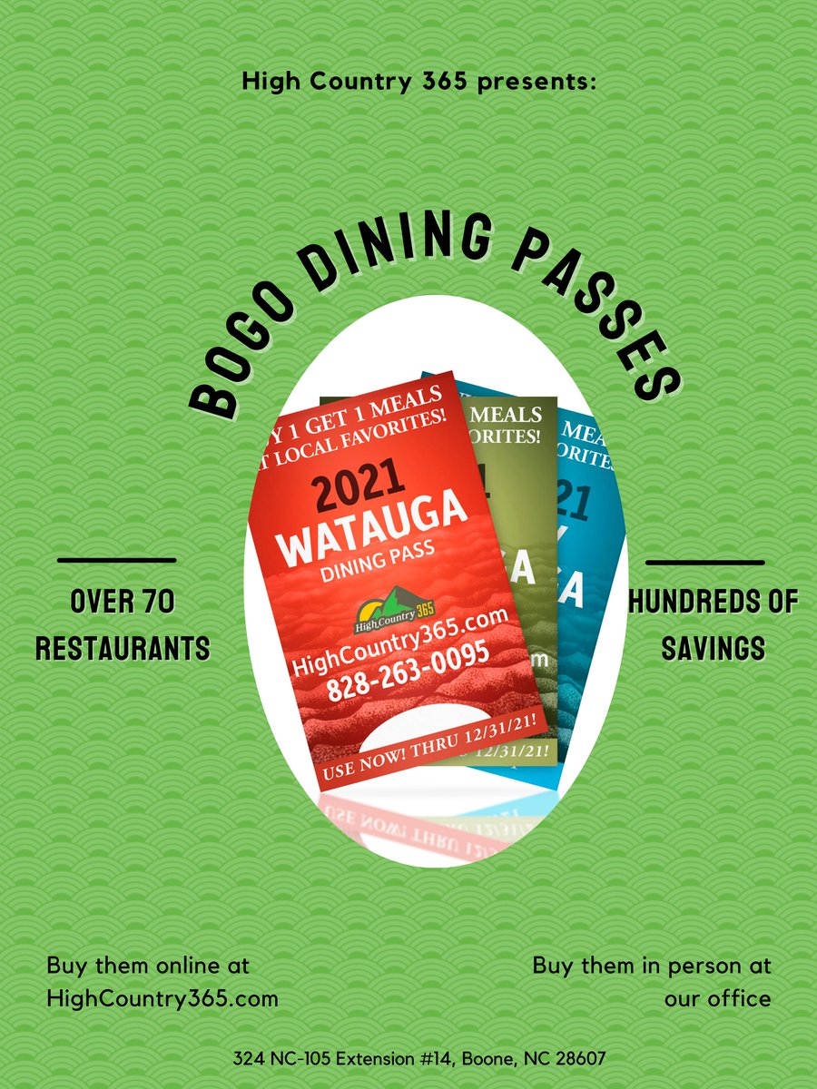 HighCountry365's tweet photo. Whats better than a good deal? Yeah, nothing.
Buy a bogo dining pass and get a buy one get one free ENTREE at our favorite restaurants in Boone. 
.
.
.
#boone #boonenc #blowingrock #blowingrocknc #bannerelk #bannerelknc #sugarmountain #beechmountain #beechmountainnc https://t.co/YBdLcBGRKP