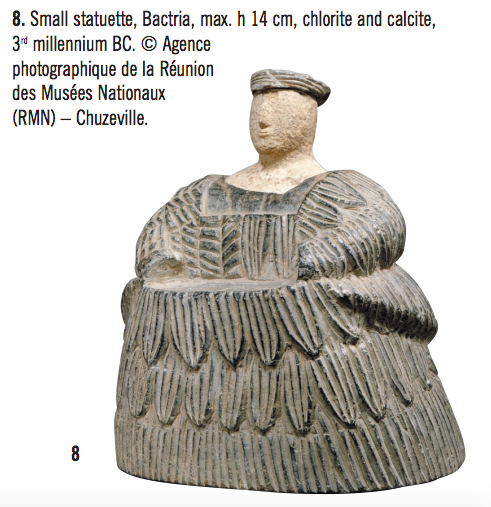 Bactrian statuettes made of chlorite and calcite
(usually with an exceedingly small head and elaborate dress). They are said to come from a very broad area covering northern Afghanistan, but also eastern Iran, and southern Turkmenistan.
Size: maximum 14 cm high.