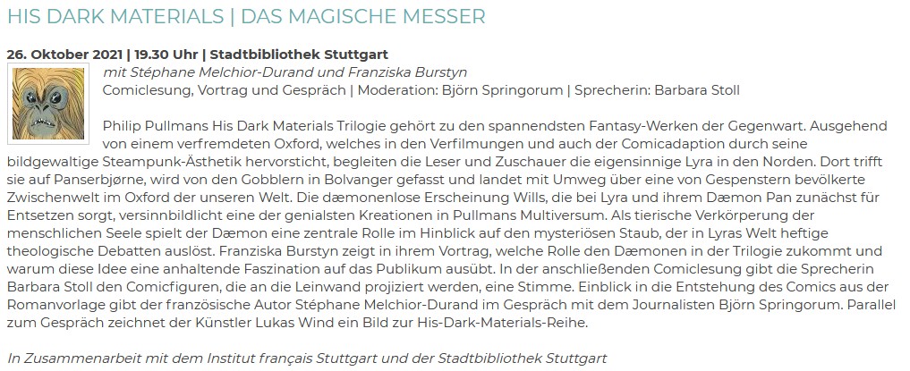 🇩🇪 26.10.2021, 19.30 | Stadtbibliothek Stuttgart

Treffen Sie <a href="/Steph_Melchior/">Stéphane Melchior</a> (Autor der Graphic Novel zu #HisDarkMaterials) im Gespräch mit dem Journalisten Björn Springorum &amp; Franziska Burstyn (Universität Leipzig)!
Im Rahmen des <a href="/DragonDaysFest/">Dragon Days</a>.

Mehr: dragon-days.de/2021/programm-…