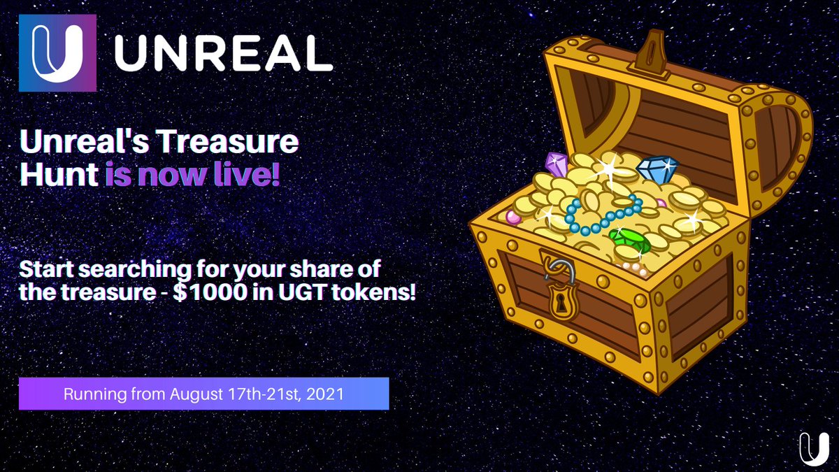 1/ Treasure Hunters, Unreal's $1000 Treasure Hunt is live! Start searching for $UGT now!💎

🗓 August 17 - 21st, 12 PM UTC

👓 Read the instructions &amp; find the link to the 1st clue here: lda.la/URTHRules

✅ Register: forms.gle/EmSH5DSLf44nAE…

#giveaway #DeFi