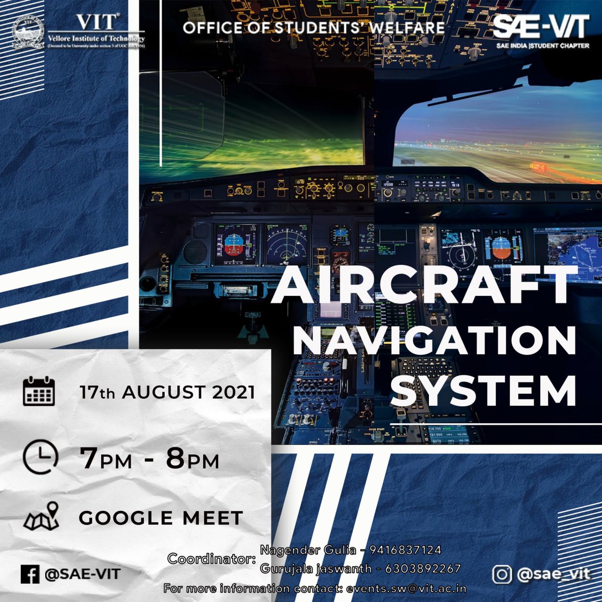 VIT_univ's tweet photo. SAE-VIT is conducting a session on Aircraft's navigation System.
Date & Time: 17.08.2021 @ 7PM
Event Link: https://t.co/3mAuVrMpp1
#VIT
#VelloreInstituteofTechnology
#Aircraft
#AircraftNavigation
#Pilot
#Aerospace
#SAEVIT
#StudentsClubsAndChapters
#TodayAtVIT https://t.co/Lj0DsecpdH