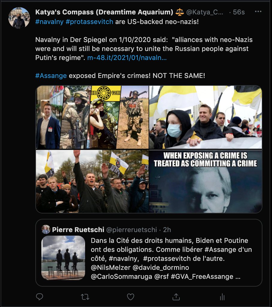 Katya_Compass's tweet photo. With the proviso about #navalny #protassevitch (US-backed neo-nazis)!
Navalny in Der Spiegel on 1/10/2020 said: "alliances with neo-Nazis were and will still be necessary to unite the Russian people against Putin's regime".
#Assange #CraigMurray are journalists! https://t.co/4vtBc0mM7O