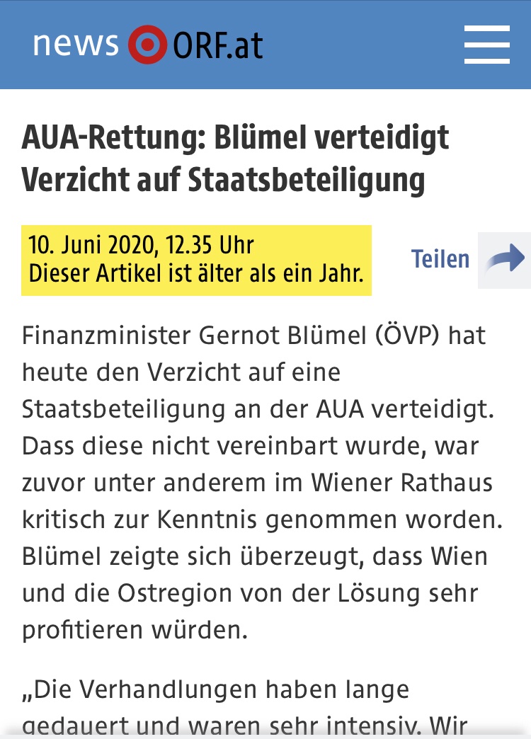 Drama in drei Akten: Deutschland macht mit der Lufthansa-Rettung bis zu >700 Mio € Gewinn. In Österreich wollte Finanzminister Blümel keine Staatsbeteiligung, weil es darum gegangen sei, „Arbeitsplätze zu erhalten“. Jetzt werden Stellen abgebaut und nichts verdient.