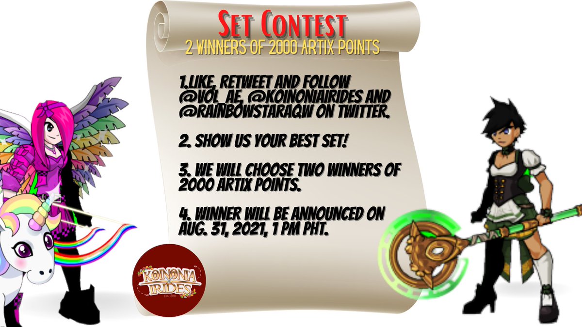 ⚔️AUGUST SET CONTEST⚔️ 
Like, retweet and follow @Vol_AE, <a href="/KoinoniaIrides/">Koinonia Irides AQW</a> 
 and <a href="/RainbowstarAQW/">♥♫Your Pinkness♫♥</a>. Show us your best set! We will choose two winners of 2000 artix points. Winners will be announced on Aug. 31, 2021, 1 PM PHT. Good luck and get creative! ♥