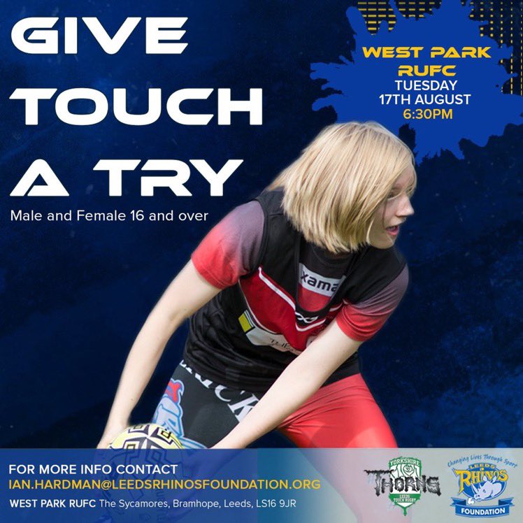📣 Don't forget tonight we're hosting our first Touch Rugby taster session with <a href="/YorkshireThorns/">Yorkshire Thorns</a> at West Park RUFC! 

Come down and give it a try- it's the perfect way to keep fit and have fun with friends! No experience neccessary! 🏉

MORE INFO ➡️ tinyurl.com/2mua8pup