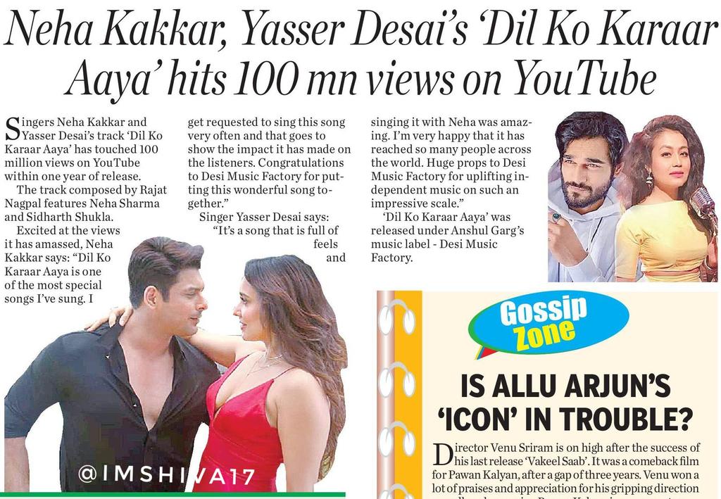 #NehaKakkar , #YasserDesai 's 
'Dil Ko Karaar Aaya' hits 100mn
views on YouTube 

The track composed by
#RajatNagpal ft. #NehaSharma
and #SidharthShukla 

#DilKoKaraarAaya 
@sidharth_shukla @Officialneha 
@iAmNehaKakkar @yasserdesai