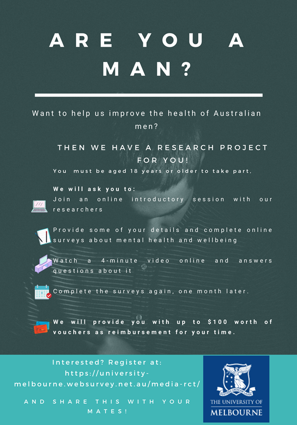 Dr Karl Andriessen (@karlandriessen) on Twitter photo This novel study is looking at the effects of viewing a video on men’s health and wellbeing. To participate, you must identify as a man, be 18 or older and live in Australia. You can access the study here: university-melbourne.websurvey.net.au/media-rct/ <a href="/DrAngeNicholas/">Angela Nicholas</a> <a href="/unimelbMSPGH/">Melbourne School of Population and Global Health</a> This novel study is looking at the effects of viewing a video on men’s health and wellbeing. To participate, you must identify as a man, be 18 or older and live in Australia. You can access the study here: university-melbourne.websurvey.net.au/media-rct/ <a href="/DrAngeNicholas/">Angela Nicholas</a> <a href="/unimelbMSPGH/">Melbourne School of Population and Global Health</a>