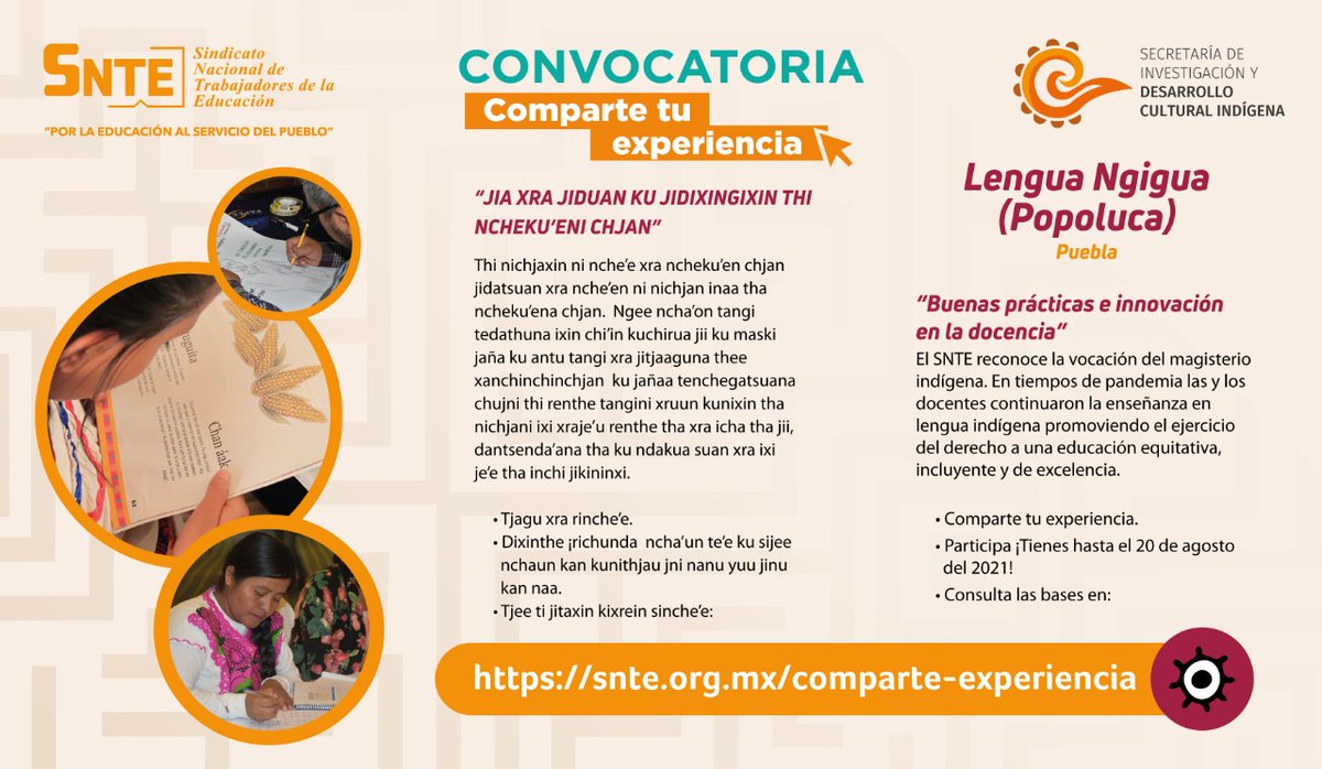 SnteNacional's tweet photo. #TodosSomosUno 🙋‍♀️🙋
#NosVemosEnLaEscuela 🏤

👉#Ngigua (#Popoluca) Puebla👈
Docentes de enseñanza indígena 👨‍🏫 compartan sus innovaciones para dar clases a distancia 👨‍🏫🔛👦 debido a la #COVID19 🦠 Se acerca la fecha límite 🗓️

👉Convocatoria #SNTE 🍎📚
https://t.co/LohvGmfB2M https://t.co/bhyPmC8z5q