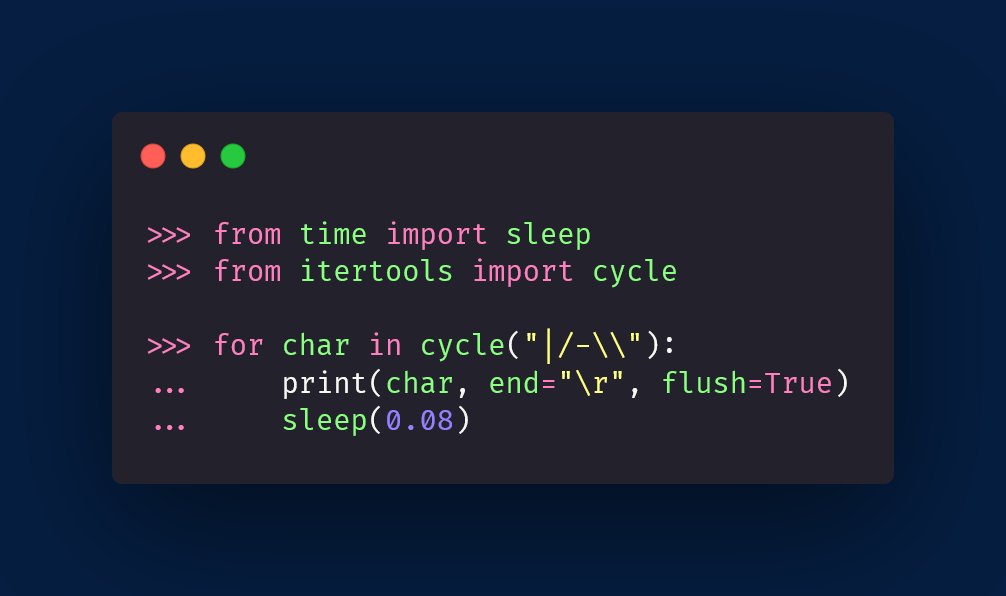 Narkoman tage medicin Betjening mulig Rodrigo 🐍🚀 on Twitter: "Here's a neat little spinning progress indicator  in Python 🐍 Notice how we need to use two of `print`'s keyword arguments, ` end` and `flush`! https://t.co/EINFnpncsC" / Twitter