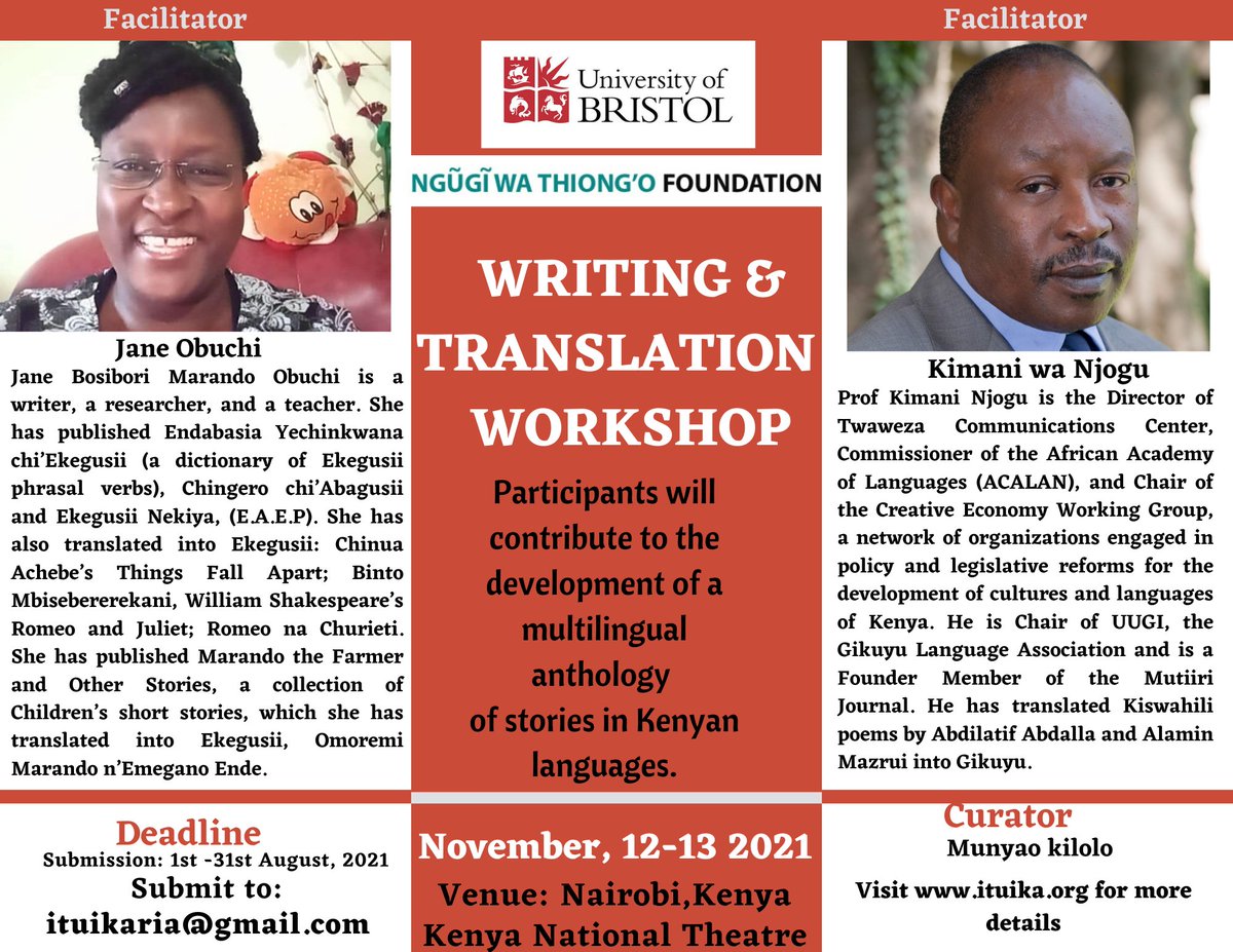 Munyao Kilolo (@moseskilolo) on Twitter photo Meet our facilitators: Jane Obuchi and Prof <a href="/kimaniwanjogu/">Kimani Njogu</a> have each done incredible work for African / Kenyan languages over the years. Send your submissions before the 31st August deadline to secure your spot on the workshop. Meet our facilitators: Jane Obuchi and Prof <a href="/kimaniwanjogu/">Kimani Njogu</a> have each done incredible work for African / Kenyan languages over the years. Send your submissions before the 31st August deadline to secure your spot on the workshop.