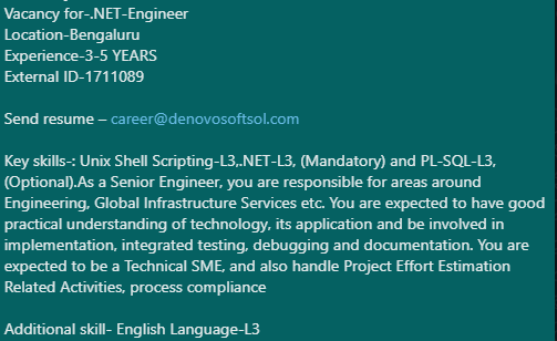 denovosoftsol's tweet photo. Vacancy for- .NET-Engineer
Location-Bengaluru
Experience-3-5 YEARS
External ID-1711089

Send resume – career@denovosoftsol.com
#dotnet #programming #csharp  #python #java #dotnetcore #programmer #dotnetdeveloper #softwaredeveloper #PLSQL #Unixshellscripting #shellscripting  #SQL https://t.co/LUUm4XRnyV