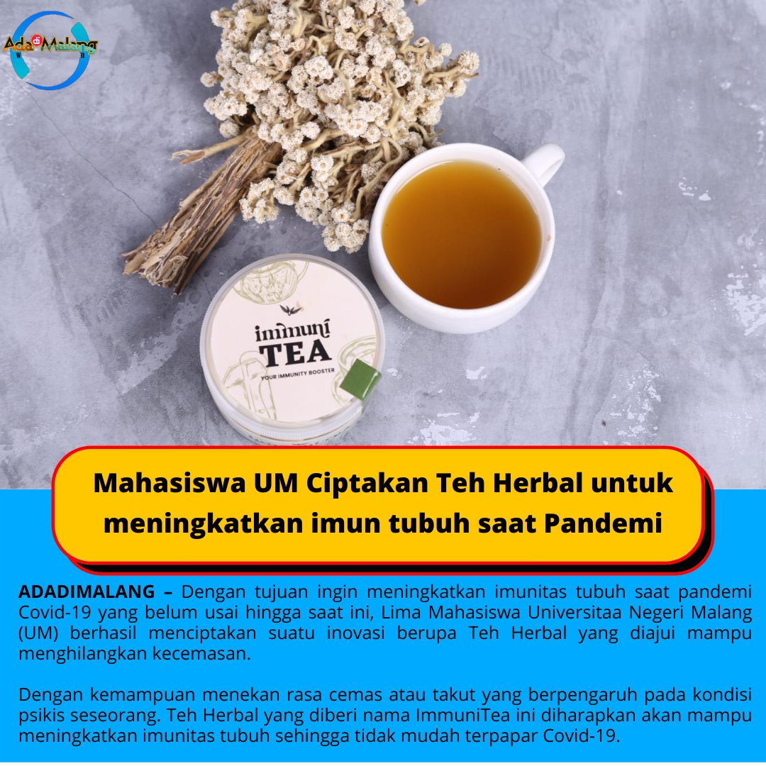adadimalang's tweet photo. Pandemi belum usai, Mahasiswa Universitas Negeri Malang ciptakan ImmuniTea, teh herbal peningkat imunitas tubuh
https://t.co/CAPhrJu7yw
#ImmuniTea #TehHerbal #Covid19 #Pandemi #ImunitasTubuh #UniversitasNegeriMalang #UM #AdaDiMalang #AgusYuwono #BeritaAgus https://t.co/2eQIjGDvnC