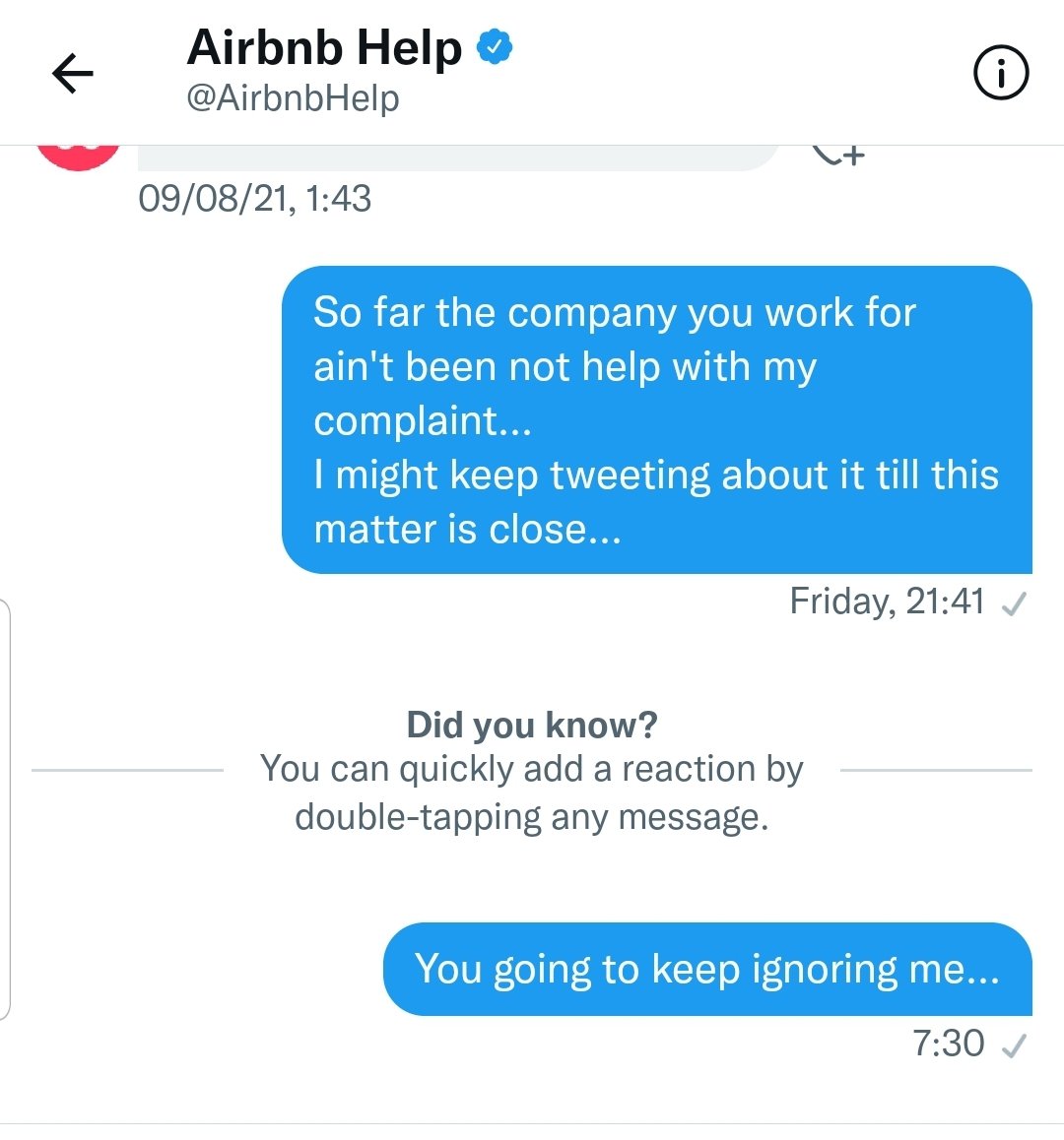 xpanco's tweet photo. Love been ignored by @Airbnb @AirbnbHelp 
Racially profile people no good https://t.co/44ERpvxOl6