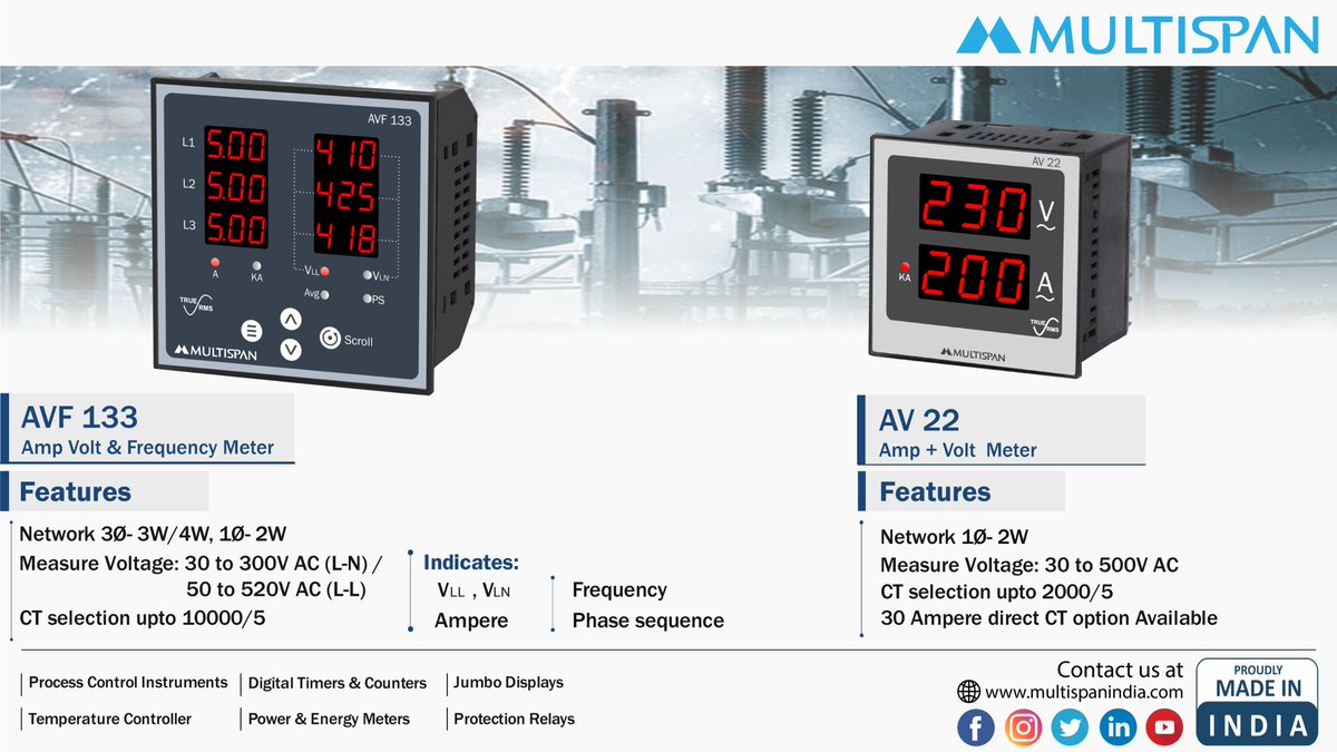 MultispanIndia's tweet photo. 1) AVF 133 AMP Volt &amp; Frequency Meter
Voltage (L-L), Average Voltage (L-N), Voltage (L-N), Average Voltage (L-L), Average Current(L1, L2, L3), Frequency, Line Current (L1, L2, L3), Load hour, Phase sequence, RPM 

(2) AV 22 AMP + Volt Meter

#multispan #multispanindi https://t.co/wncT08gxU3