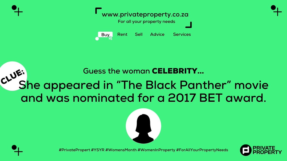 Guess the woman celebrity and WIN R500 cash. 
 
Use #PrivateProperty #YSYR #WomensMonth #WomenInProperty #ForAllYourPropertyNeeds 

*Winners selected randomly. The competition ENDS at Midnight TODAY.