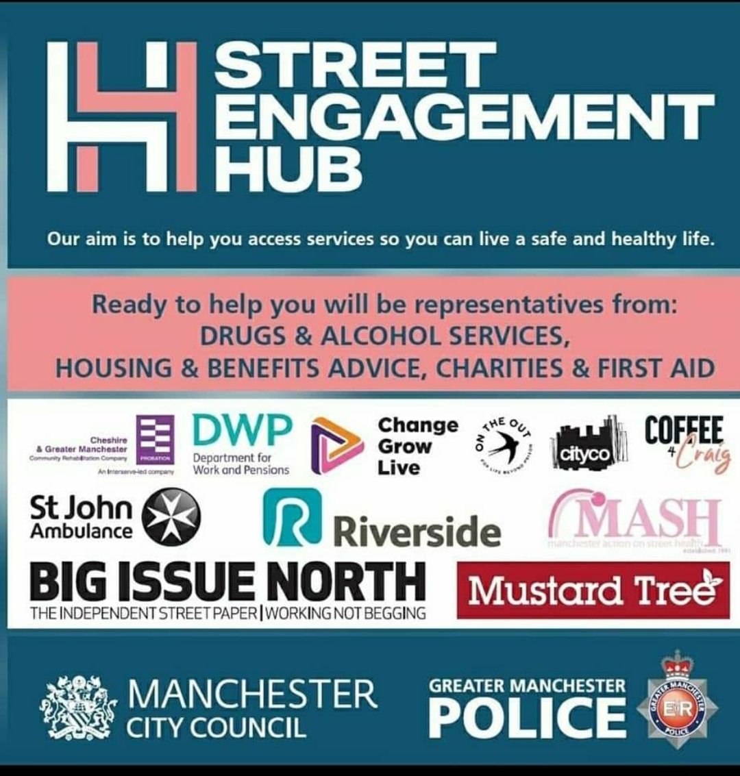 #StreetEngagementHub @MustardTreeMCR Bengal St 10 - 1pm  17th July
Send anyone begging or need of support.
@GMPCityCentre @ManchesterASBAT @RiversideUK  @grow_manchester @stjohnambulance @DWP @bigissuenorth @Coffee4Craig @NCAlliance_NHS @OnTheOut2 @MASHManchester   @cgmprobation