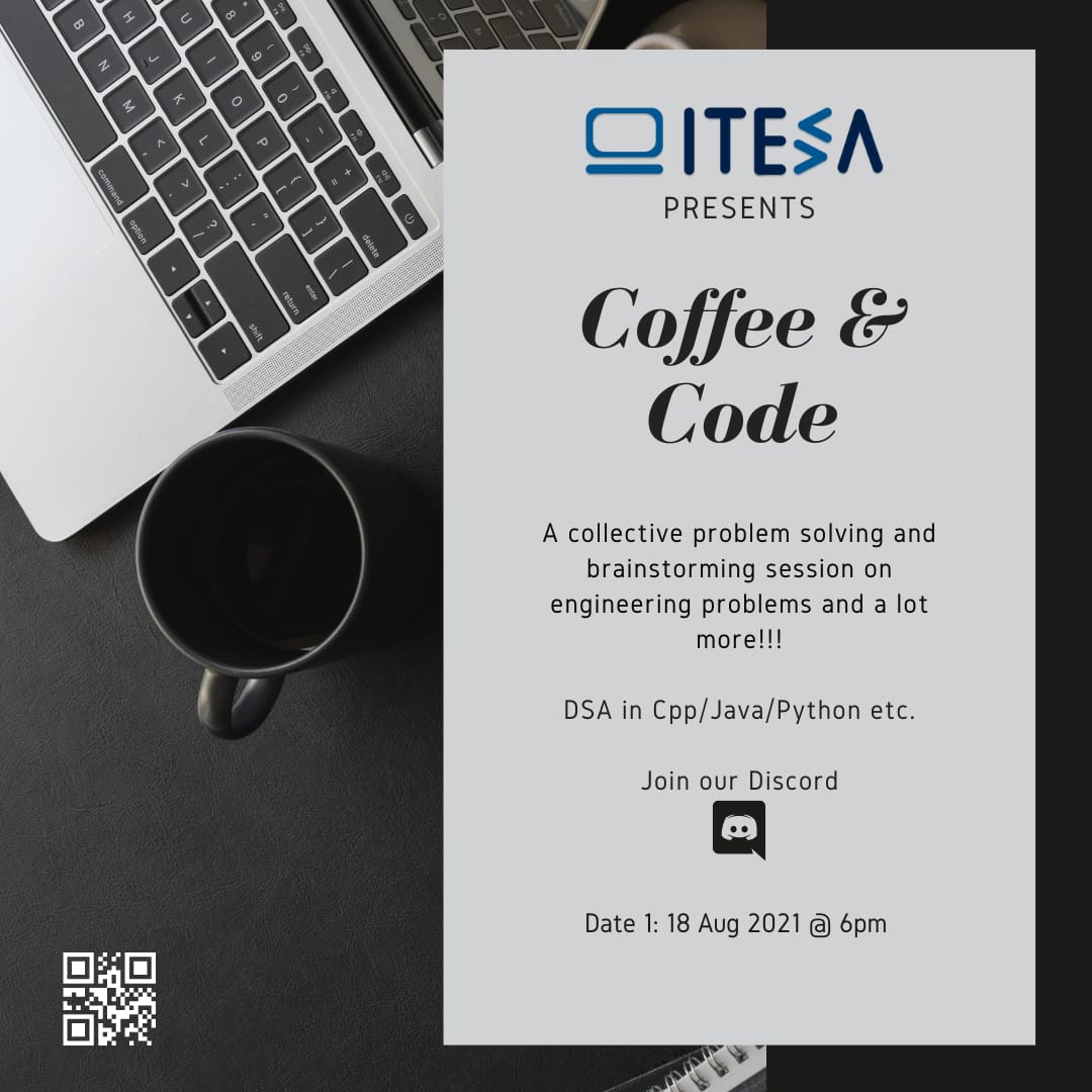 ITESA_DYP's tweet photo. Coffee &amp; Code, a converse for you with CHALLENGING🏆 engineering problems.
#coffeeandcode👨‍💻
Topic -DSA in - C++, Java, Python.
Venue - Coffee &amp; Code channel on discord server.

Discord server link👇
https://t.co/YypS7NfSz7

#informationtechnology
#programmer #code #programming https://t.co/k6s43Vkfkz