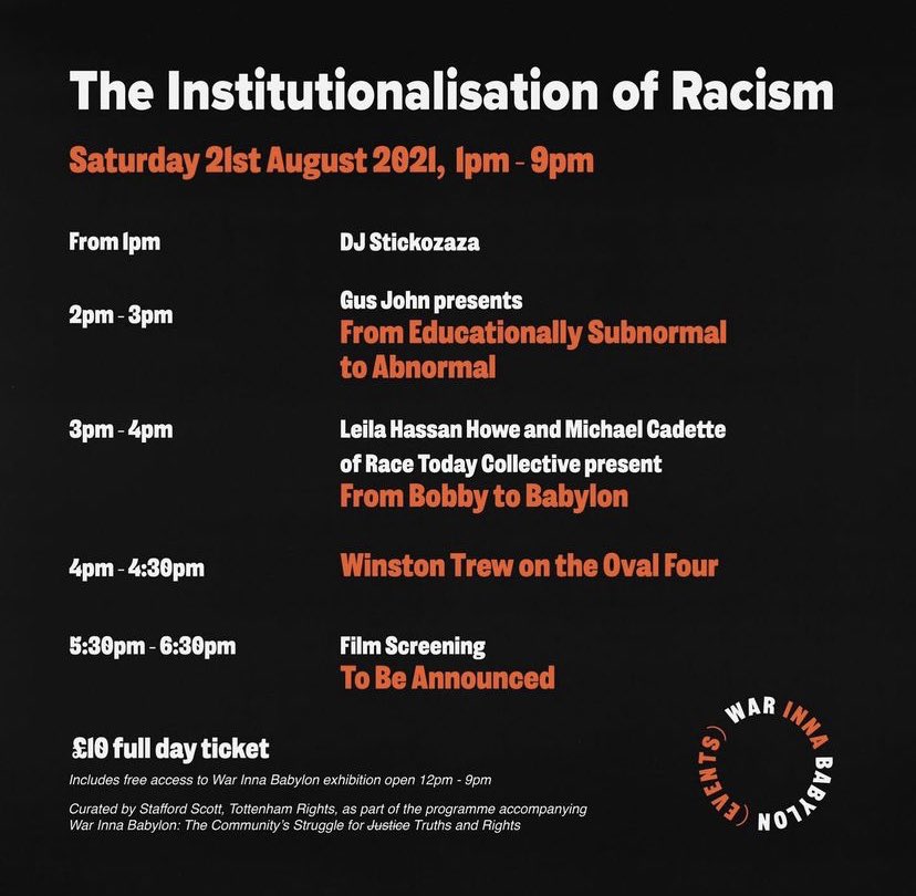 ShareefaEnergy's tweet photo. This weekends programme at @ICALondon accompanying @StaffordScott_ and @tottenhamrights War Inna Babylon exhibition. Suresh Grover will be speaking about Southall’s resistance against racism on Sunday. Get your tickets to view the exhibition and listen https://t.co/1GOHLcNjss https://t.co/P6MmB43OJv
