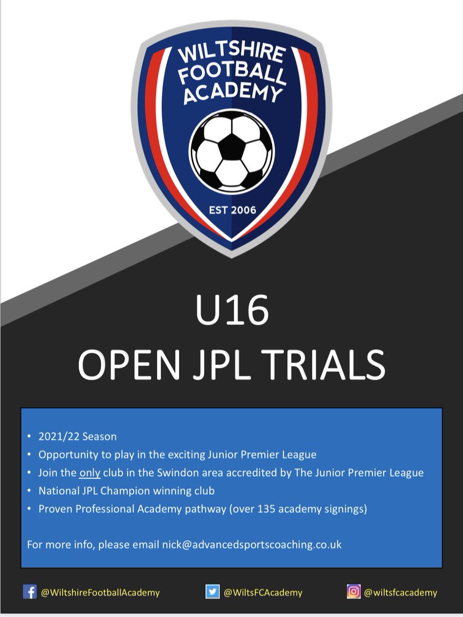 WiltsFCAcademy's tweet photo. Please share!!

U16 Junior Premier League trials.

As we look forward to another exciting season of high standard @jpluk football, Wiltshire Football Academy are looking to recruit a few players to strengthen our U16’s team.

Please contact Danny for more info: ellisj10@sky.com https://t.co/3bM6pfTYfz