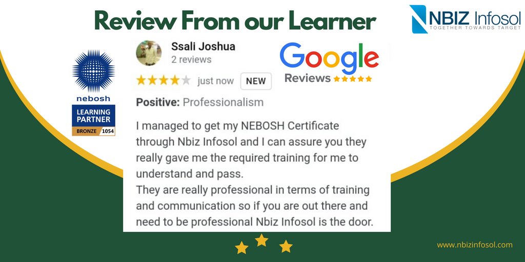 #NbizInfosol congratulates Mr.Joshua for the successful completion of #NEBOSH certificate, who shared his learning experience with Nbiz Infosol. We wish him the best of luck in the future. for more info: nbizinfosol.com/health-and-saf… #NEBOSHCertificate #healthandsafety #neboshcourse