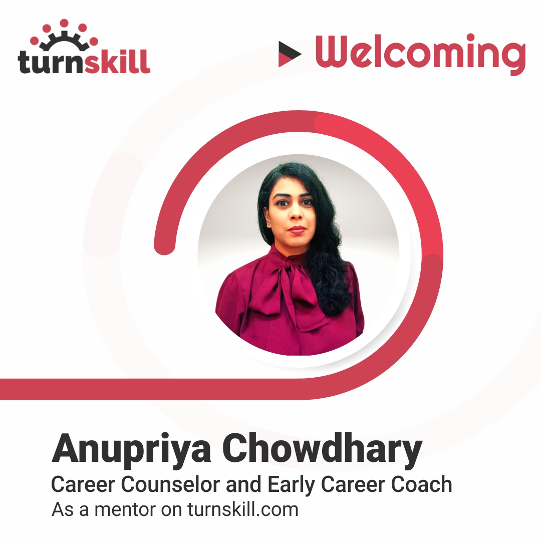 turnskill's tweet image. Welcome Anupriya Chowdhary
Career Counselor &amp;amp; Coach
As a mentor on turnskill.com 

Book a free session: turnskill.com/mentor/23 

#CareerCounseling 
#PsychometricAnalysis 
#PersonalBrandingforCareerGrowth 
#WritingEditing 
#Mentor
#turnskill