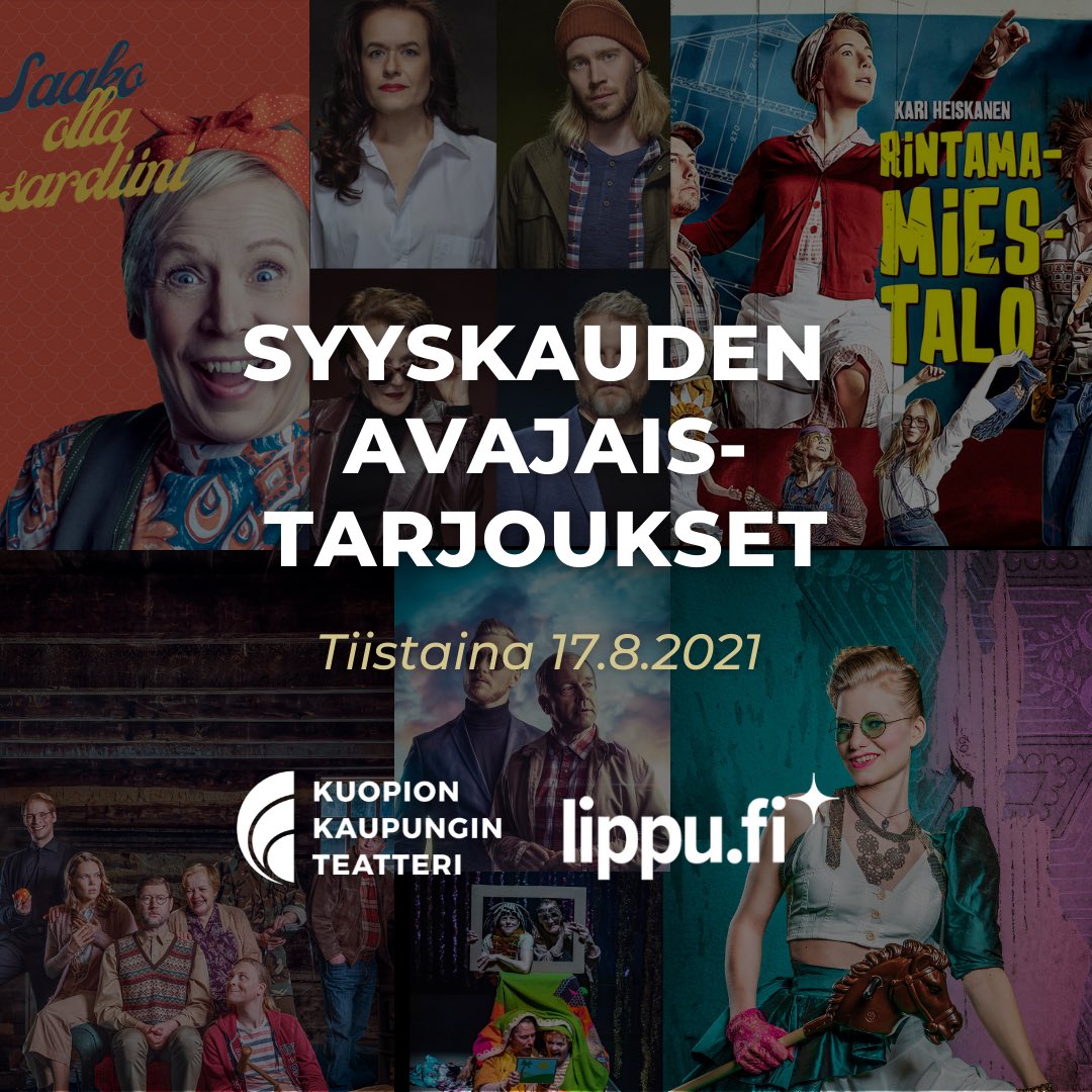 Kuopion kaupunginteatteri (@kuopionteatteri) on Twitter photo Tänään vietetään syyskauden avajaisia! Lipputarjouksia teatterin lippukassalla klo 14-21 sekä verkossa Lippu.fi koko päivän! 🖤
#kuopionkaupunginteatteri #kuopio <a href="/Kuopionkaupunki/">Kuopion kaupunki</a> Tänään vietetään syyskauden avajaisia! Lipputarjouksia teatterin lippukassalla klo 14-21 sekä verkossa Lippu.fi koko päivän! 🖤
#kuopionkaupunginteatteri #kuopio <a href="/Kuopionkaupunki/">Kuopion kaupunki</a>