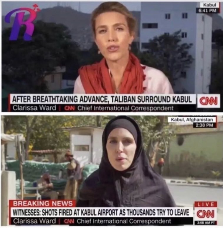 AndaluciaSinVOX's tweet photo. La corresponsal de la CNN Clarissa Ward, obligada al cambio de vestimenta en apenas un día tras tomar Kabul los talibanes. #AfganistanWomen #Afganistan #Afganisthan #AfghanWomen https://t.co/98DrI3Q4Mf