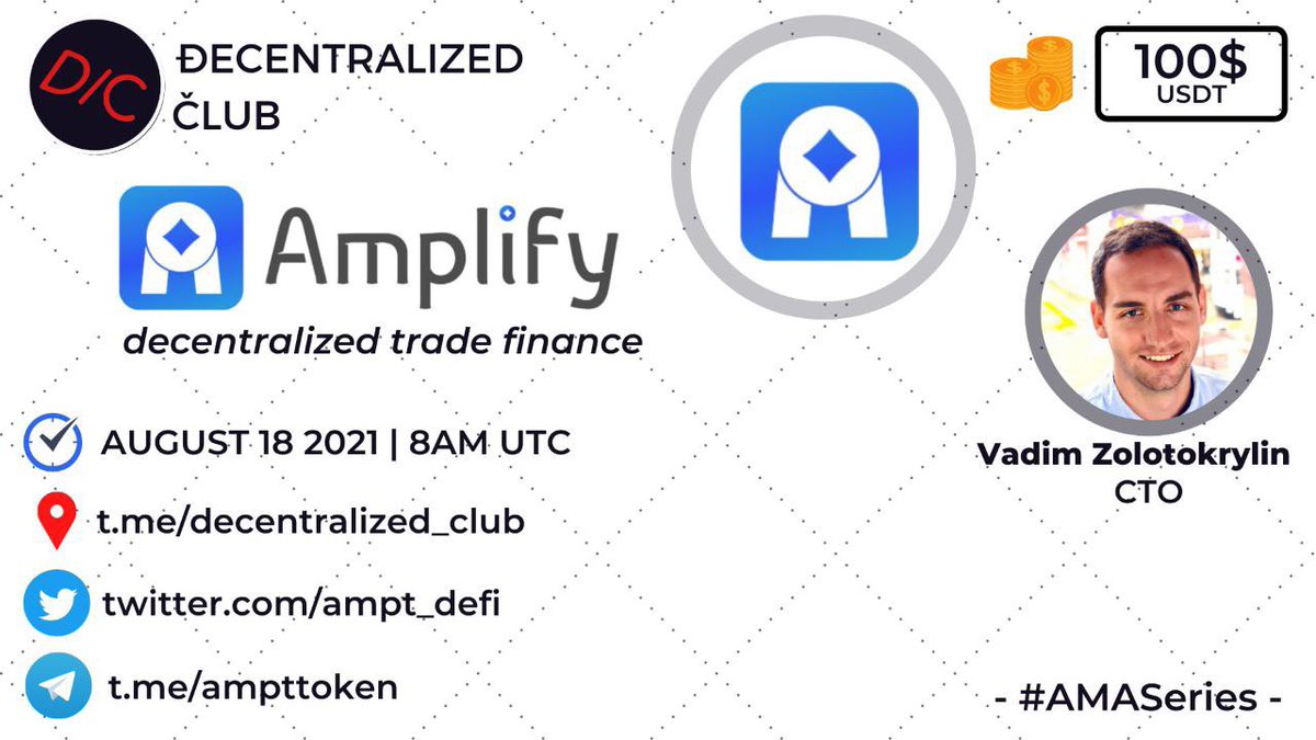 Breaking! 💥💥

✅EVENT: AMA with Amplify CTO Vadim! 

🔥Host: t.me/decentralized_…
🔥Rewards: $100 for the Top Questions
🔥Date: August 18th
🔥Time: 8AM UTC | 4PM HKT | 4AM EST

🚀 Join us there!! 👏👏