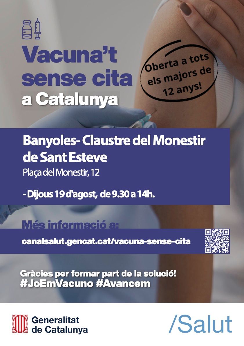 insbrugulat's tweet photo. 📢💉✔️ Vacunació sense cita prèvia a Banyoles
📅 Dijous 19 d'agost
🕛 De 9:30 a 14h.
🙋‍♀️🙋‍♂️Majors de 12 anys
📍Claustre del Monestir de Sant Esteve https://t.co/TNGixMjYNT