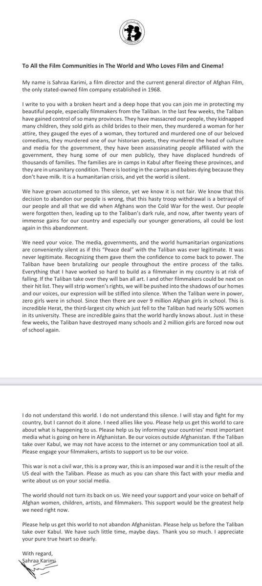 You can read Sahraa Karimi’s letter in full below   
Please share 🙏🏻