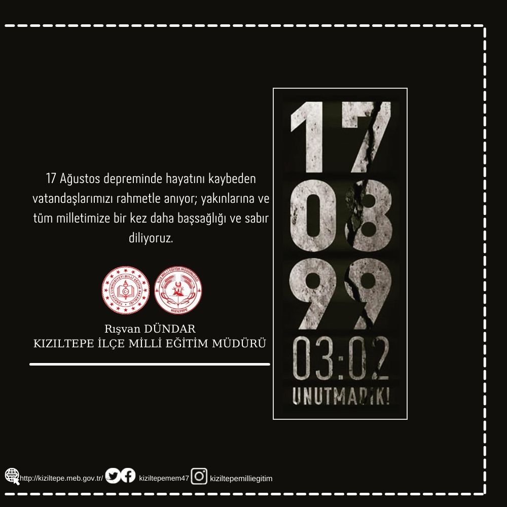 #17Agustos1999 depreminde hayatını kaybeden vatandaşlarımızı bir kez daha rahmetle anıyoruz. 
<a href="/tcmeb/">Millî Eğitim Bakanlığı</a> 
<a href="/aebilgili/">Ahmet Emre Bilgili</a>
<a href="/mahmutdemirttas/">Mahmut Demirtaş</a> 
<a href="/mardinilmem/">Mardin İl Millî Eğitim Müdürlüğü</a>
<a href="/MemetPolat0247/">Memet Polat</a> 
<a href="/huseyincam84/">Hüseyin Çam</a> 
<a href="/DundarRisvan/">Rışvan Dündar</a> 
<a href="/serdarTopta4/">serdar Toptaş</a> 
<a href="/Muzaffe54772883/">Muzaffer aksoy</a>
