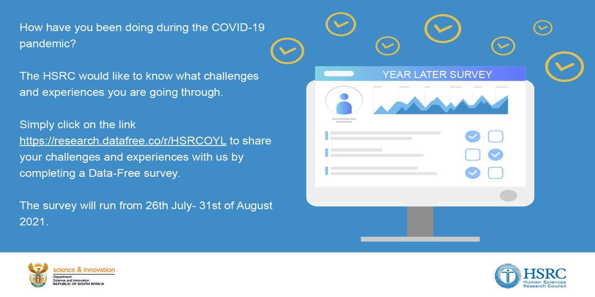 HSRCza's tweet photo. HSRC's #YearLater national survey to evaluate how COVID-19 has affected South Africans a year later. How have you coped during the pandemic? Please participate by clicking on the #datafree link https://t.co/TW8ELP373M
#COVID19survey #COVIDinSA #COVID19vaccines #COVID1yearlater https://t.co/QUiqOpqvTX