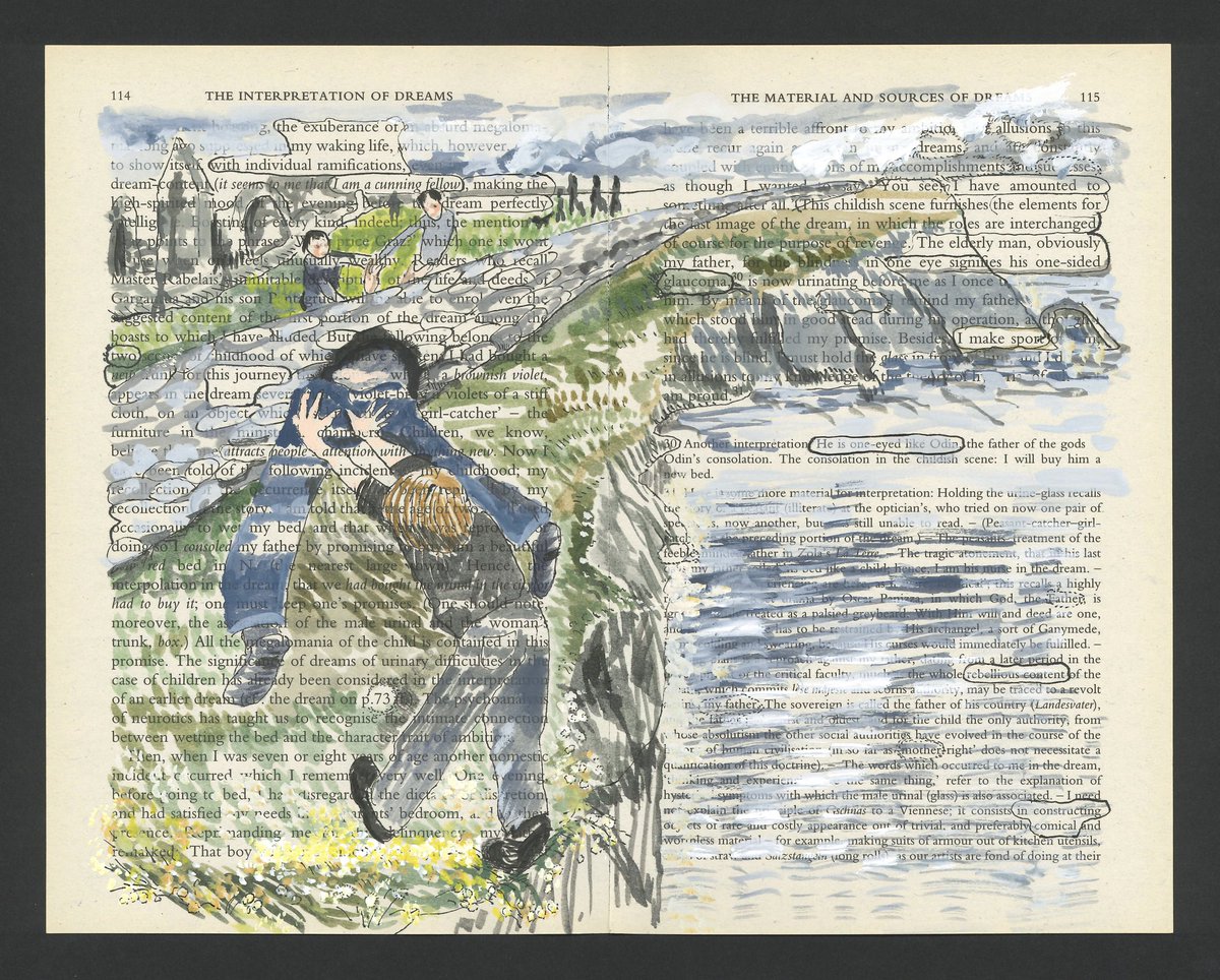 dreamsid's tweet image. 👀 Painting made @FreudMusLondon of @MichaelRosenYes’s #Covid_19 recovery dream of being pulled through a hole in a wall &amp;amp; away from cliffs. At the event we discussed with Michael the metaphor of #PullingThrough after illness with the help of others. Dream text in tweet below👇