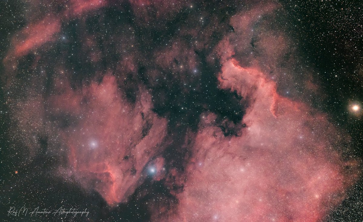 RafMAstro's tweet photo. Objects: The North America and The Pelican Nebulas
Date: 11.08.2021
ISO: 1600
Exp: 150 sec
Subs taken: Lights: 62, Darks: 35, Bias: 35, Flats: 35, Dark Flats: 35
Filters: L-Pro
Bortles class: 7/8
PP software: APP, SN++, PS 2021
Equipment: SW Evo 80ED, 0,85 FF/R, 6D (mod), HEQ5 https://t.co/EZHIRhDjSc