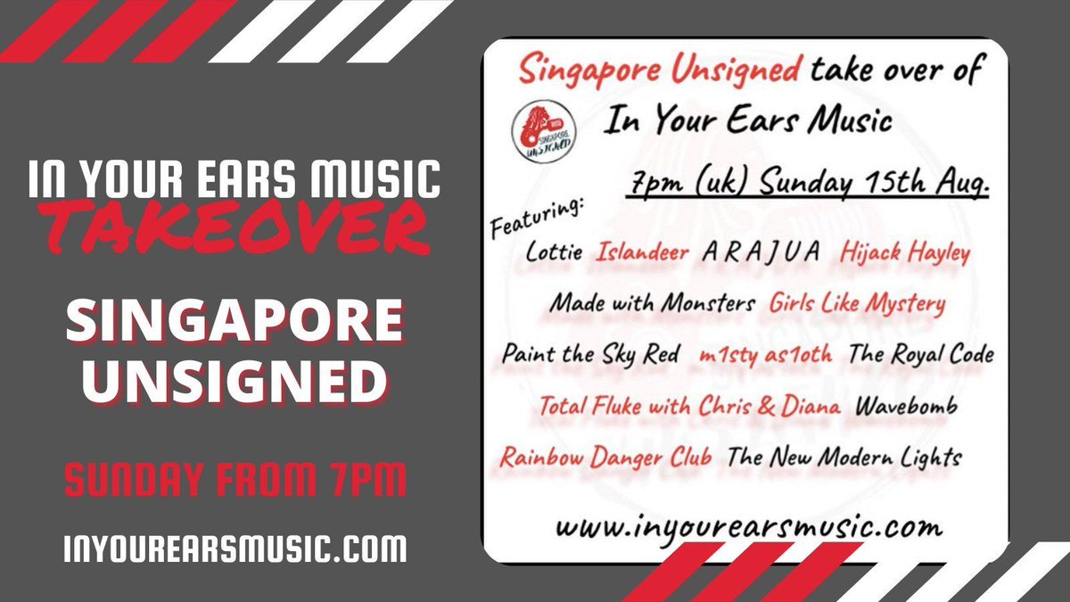 The great music continues this evening. Join us at 7pm  <a href="/SingaUnsigned/">Singapore Unsigned</a> are taking over the <a href="/InYourEarsMusic/">📡 In Your Ears Music 📡</a> airwaves in the first of our shows. Featuring some of the best Independent Talent from Singapore and beyond. Join in using  #SundayTakeover &amp; start your week the right way.