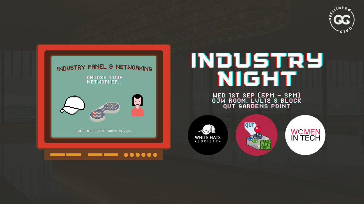 Industry Panel &amp; Networking event! - <a href="/WiTatQUT/">Women in Technology</a> @qutwhitehats <a href="/qutgdc/">QUT Game Development Club</a>
WHEN: 1 Sep 21, 6 - 9pm
VENUE: Owen J. Wordsworth Room, QUT Gardens Point (level 12 S Block)
PRICE: $15 for members, $20 for non-members
TICKETS: quttech2021.getqpay.com
#womenintech <a href="/QUT/">QUT</a> <a href="/UQ_News/">UQ News</a> <a href="/Griffith_Uni/">Griffith University</a>