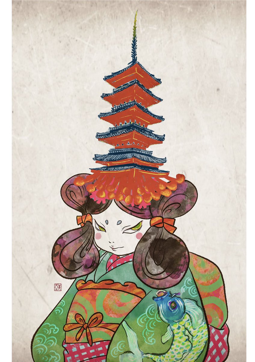 浮世絵風な水彩画 甚目寺観音