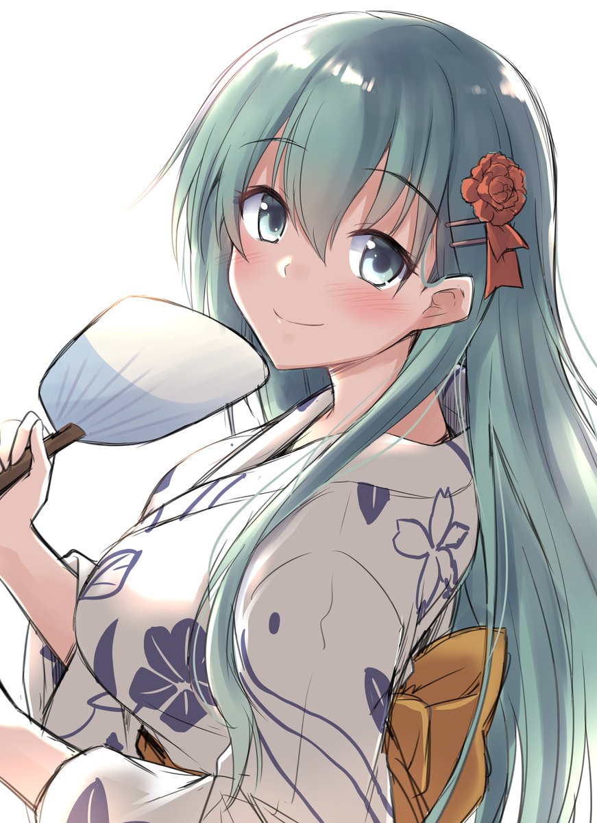 suzuya (kancolle) 1girl long hair solo japanese clothes kimono hair ornament hand fan  illustration images