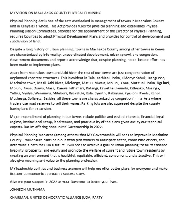 nduyamuthama's tweet photo. Read attached ARTICLE on my  2022 VISION for better Machakos County Physical Planning. 

Change starts with ME. https://t.co/LMGLNBDiDC