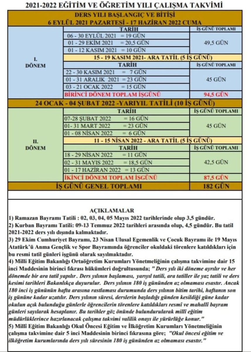 2021-2022 Eğitim ve Öğretim Yılı Çalışma Takvimi
