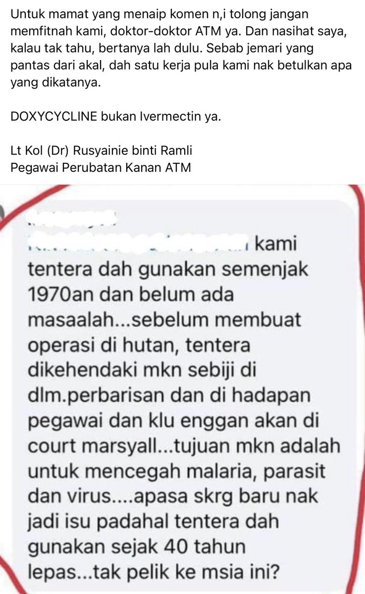 Pandangan Lt Kol Dr Rusyainie menerangkan mengenai salah faham penggunaan ivermectin di kalangan tentera.

Tentera tak makan ivermectin ya, mereka makan doxycycline untuk profilaksis malaria.

Ada segelintir yang memandai bagi fakta salah ini.