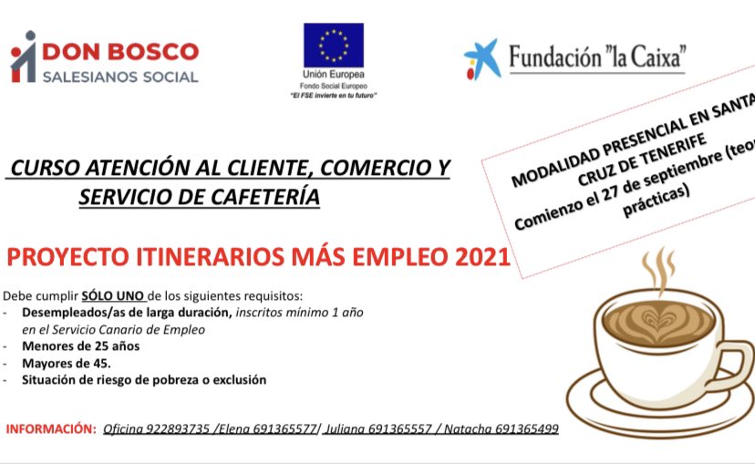 AavvAvelca's tweet photo. Los domingos compartiremos información de interés para todos y todas. Convocatoria dentro del proyecto "Itinerarios Más Empleo 2021" de la Fundación Don Bosco y Fundación La Caixa. Comienza el 27 de septiembre. Para más información ponte en contacto con los teléfonos del cartel. https://t.co/7meG685Fcv