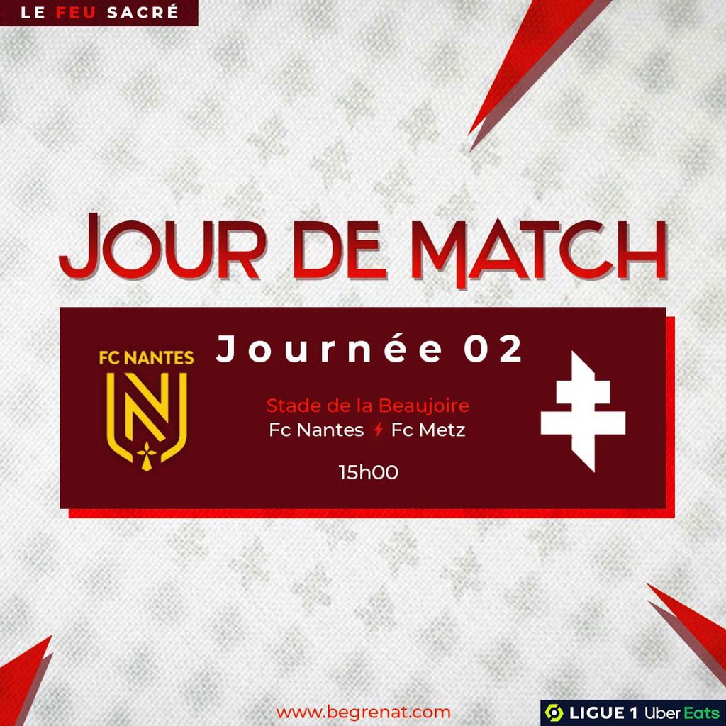 BeGrenat's tweet photo. ⚽️ 🅹🅾🆄🆁 🅳🅴 🅼🅰🆃🅲🅷

⚔️ @FCNantes 

📍 Stade De la Beaujoire, Nantes
💻 @PrimeVideoFR 
🕐 15h00

📱 #FCNFCM #FcMetz https://t.co/sHe1qALYLM