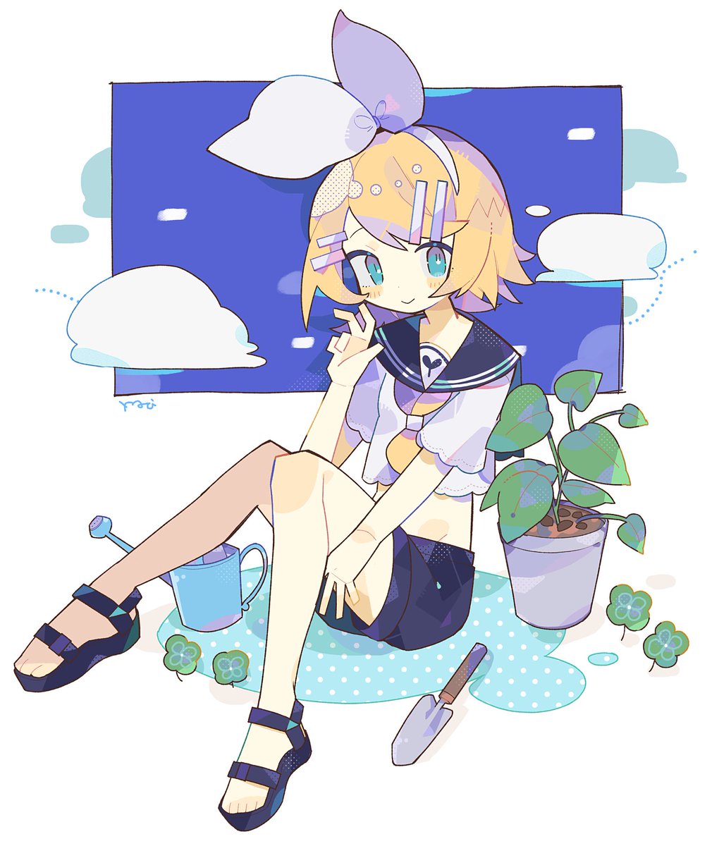 kagamine rin 1girl watering can solo plant blonde hair hair ornament shorts  illustration images